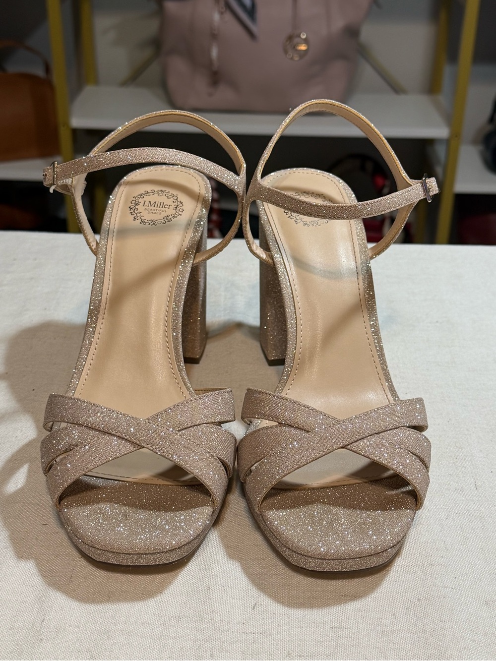 I. Miller Women's Nude Glitter Block Heel Sandals - Champagne Sz 10